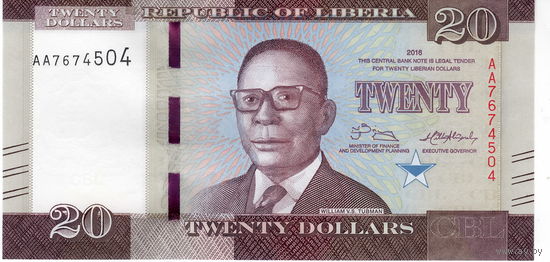Либерия, 20 долларов, 2016 г., UNC