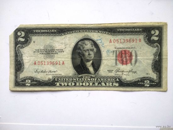 США 2 $ красная печать 1953 (обрезан угол)