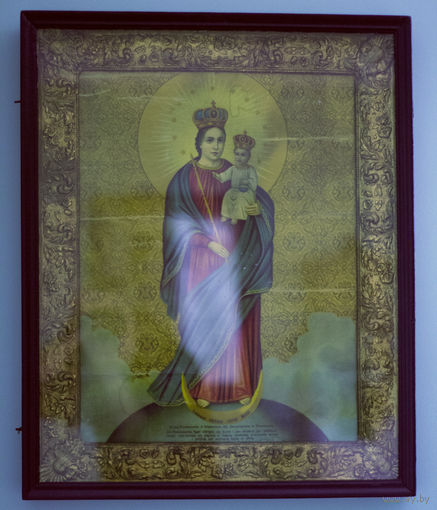 Икона католическая (литография) в красивом киоте 19 в. Большая.