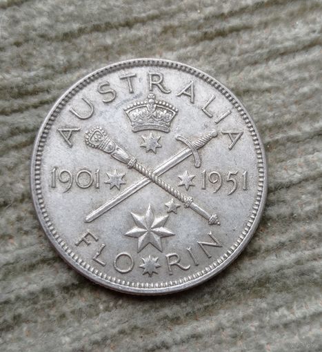 Werty71  Австралия 1 флорин 1951 Серебро Георг 6 Блеск