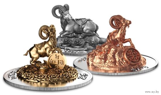 Руанда 3х500 франков 2015г. 3D набор: "Год Козы". Монеты в капсулах; шикарном деревянном подарочном футляре; сертификаты; коробка. СЕРЕБРО 3х31,10гр.(3 oz).