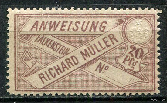 Германия - Фалькенштайн - Местные марки - 1887 - Герб и ленты 20Pf - [Mi.92P] - 1 марка. Чистая без клея.  (Лот 96Ct)