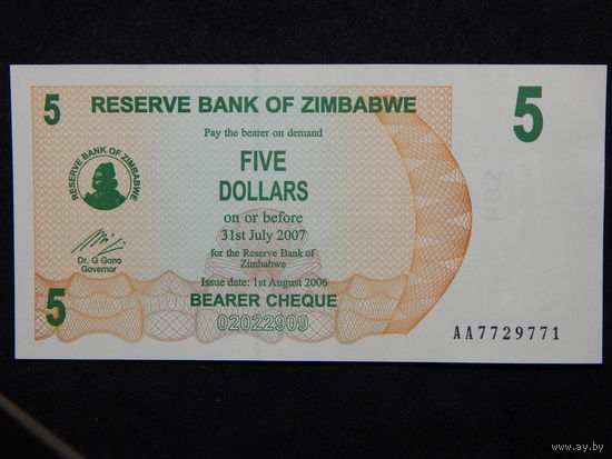 Зимбабве 5 долларов 2006г.UNC