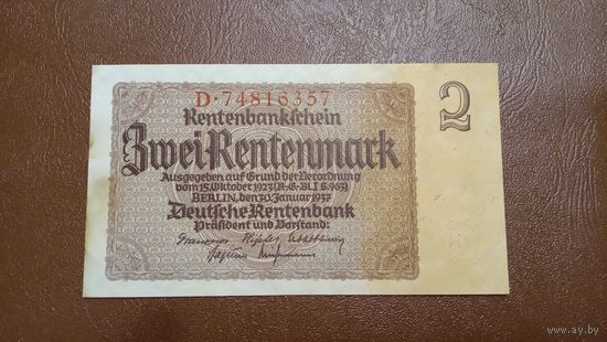 Германия / 2 rentenmark / 1937 год / Ro-167 (b) / Reichsdruck / 8 цифр в номере