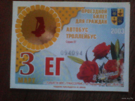 Проездной билет . Тольятти 2003 год