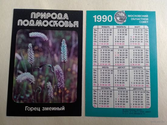 Карманный календарик. Природа Подмосковье. Горец змеиный. 1990 год