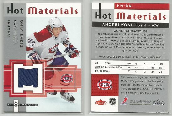 Андрей Костицын "Монреаль Канадиенс" НХЛ/ Джерси карточка/2005-06 Hot Prospects Hot Materials #HMAK Andrei Kostitsyn.