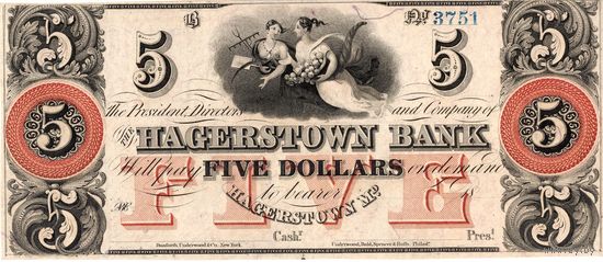США, 5 $, The Hagerstown Bank, Maryland, 1800'. Не частые!