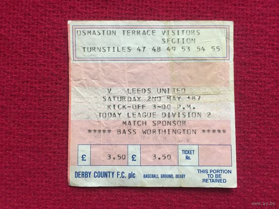 Билет на футбольный матч Дерби Каунти 1987 г.