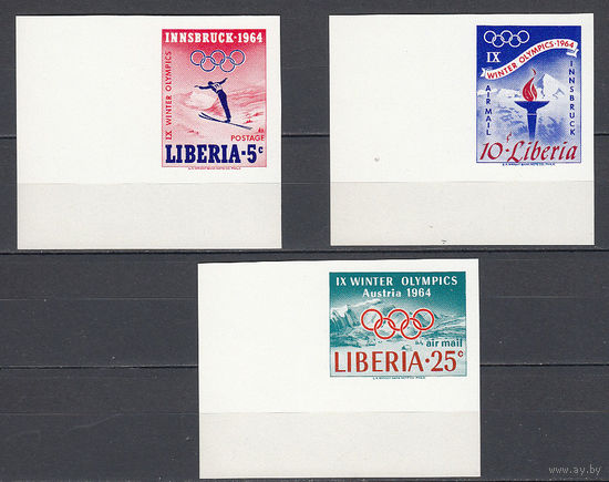 Спорт. Олимпийские игры "Инсбрук 1964". Либерия. 1964. 3 марки б/з (полная серия). Michel N 612-614 (- е)