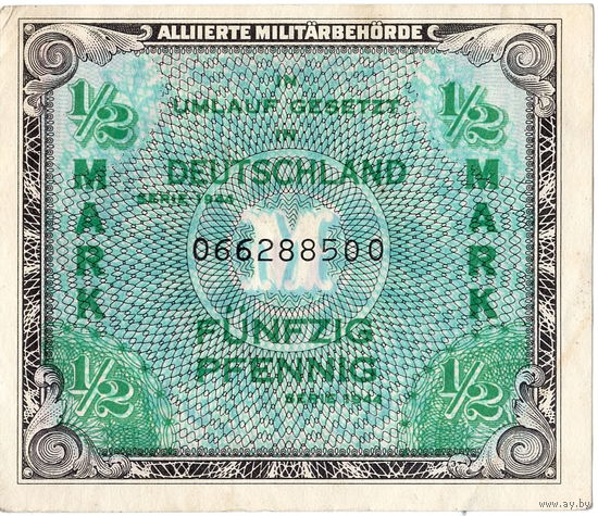Германия, 1944 г., 1/2 марки, "J" в виньетке, союзники