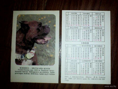 Карманный календарик.Собаки. Боксёр.1988 год