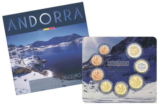 Андорра 2023 год. 1, 2, 5, 10, 20, 50 евроцентов, 1 и 2 Евро. Официальный набор монет Евро в буклете (8 монет). Тираж 10.500 шт.