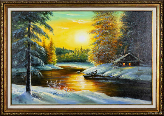 Картина маслом "Зимний вечер" в багетной раме. 40*60см