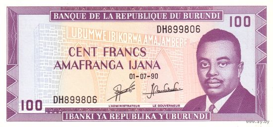 Бурунди 100 франков образца 1990 года UNC p29c