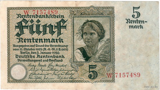 Германия, 5 рентмарок, 1926 г. (2)