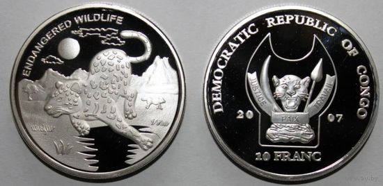Монета 10 франков дикие животные ЛЕОПАРД, посеребрение