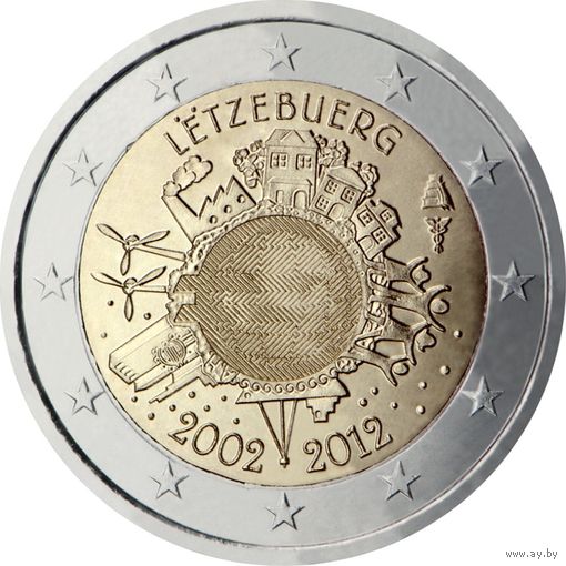 2 Евро Люксембург 2012  10 лет наличному евро  UNC из ролла