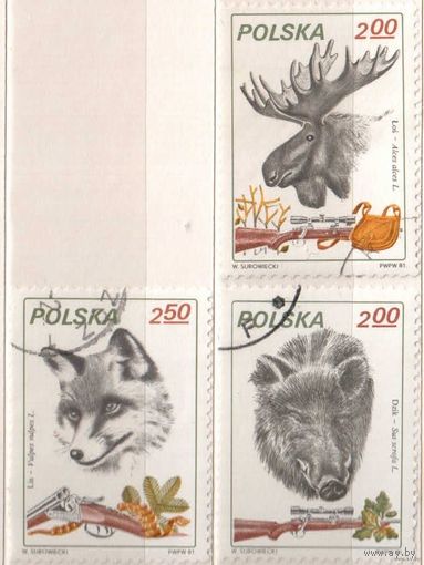 Охота. 3 марки, 1981г.,гаш. Польша.