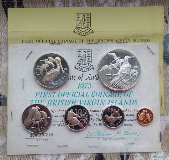 Британские Виргинские острова набор монет 1, 5, 10, 25, 50 центов, 1 доллар 1973 года. Proof.