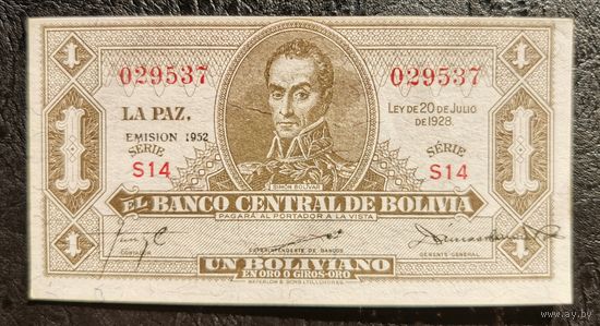 Боливия, 1 боливиано, 1928год (эмиссия 1952 год), не частая, UNC