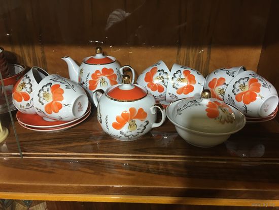 Сервиз чайно-кофейный СССР полный 15 предметов ручная роспись золото оранжевые цветы ( не частый)