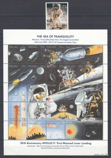 Космос. Аполлон 11. Палау. 1989. 1 марка и 1 малый лист (полная серия). Michel N 282-307 (24,0 е)