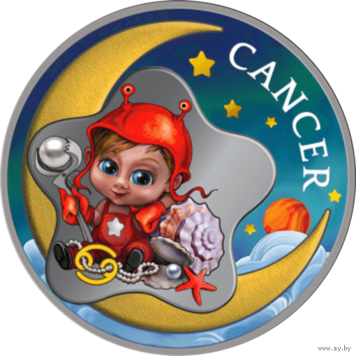 Гана 2 седи "Детский Зодиак: Рак". Монета в капсуле; подарочном буклете - сертификате; коробка. СЕРЕБРО 15,55гр.(1/2 oz).