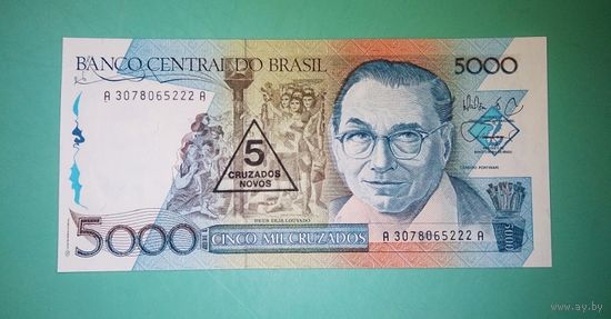 Банкнота 5000  крузадо (1986 г.) 5 крузадо ново (1989 г.) Бразилия