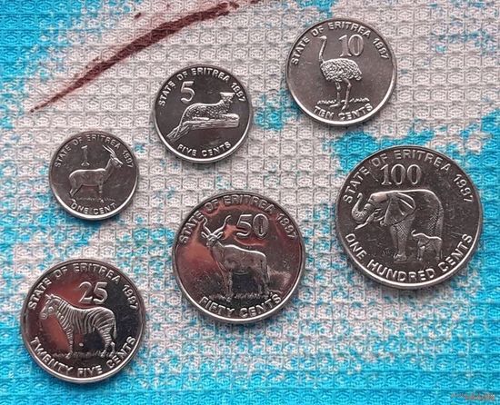 Эритрея 1, 5, 10, 25, 50, 100 центов 1997 года, UNC. Страус, зебра, слон и другая фауна Африки. Новогодняя ликвидация!