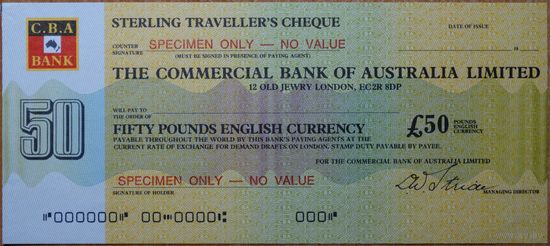 Австралия. The Commercial Bank of Australia Ltd. Дорожный чек на сумму 20 фунтов. Образец aUNC