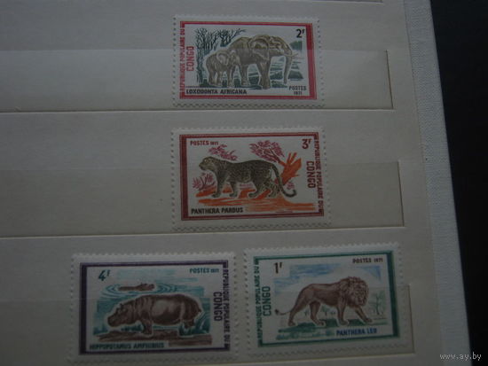 Марки - Конго. 1971, фауна, лев слон ягуар бегемот