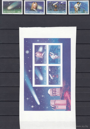 Космос. Комета Галлея. Сент-Винсент. 1986. 4 марки и 1 блок б/з. Michel N 932-935, бл33 (- е)