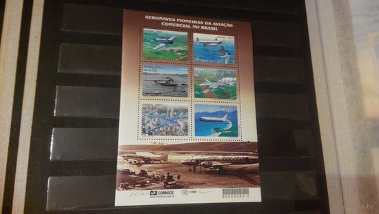 Транспорт, авиация, самолеты, воздушный флот, архитектура, пейзажи, марки, Бразилия, 2001, блок