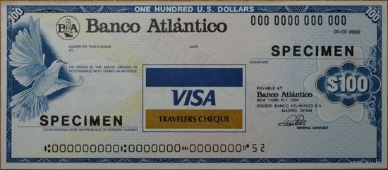 Испания дорожный чек Banco alantico на 100 долларов. Образец UNC