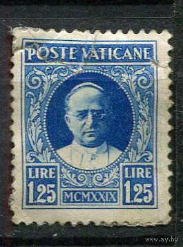 Ватикан - 1929 - Папа Пий XI 1,25L - (есть надрыв и тонкое место) - [Mi.9] - 1 марка. Гашеная.  (Лот 21Eu)-T5P4