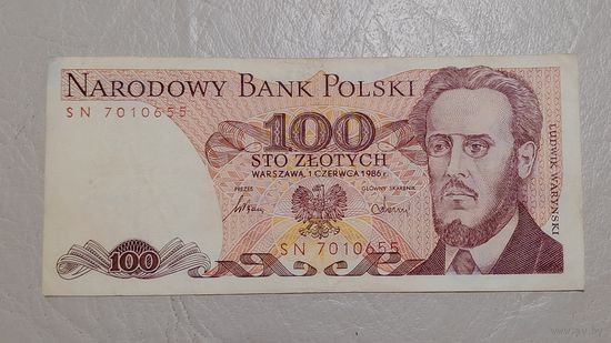 Польша 100 злотых 1986 серия SN пропечатать части номера на обратной стороне.