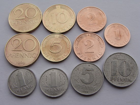 Германия. Набор 11 монет  1,2,5,10,20 пфеннигов 1968 -1995 год