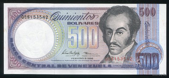 Венесуэла 500 боливаров 1998 г. P67f. Серия Q. UNC