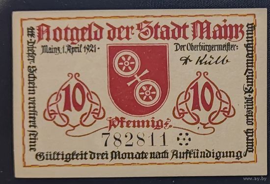 10 пфеннигов 1921 года - Германия (Майнц) - нотгельд - UNC