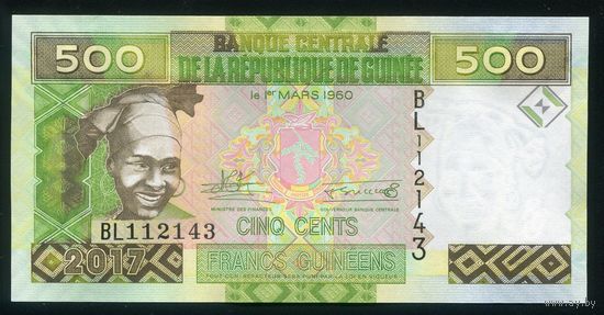 Гвинея 500 франков 2017 г. P47b. Серия BL. UNC