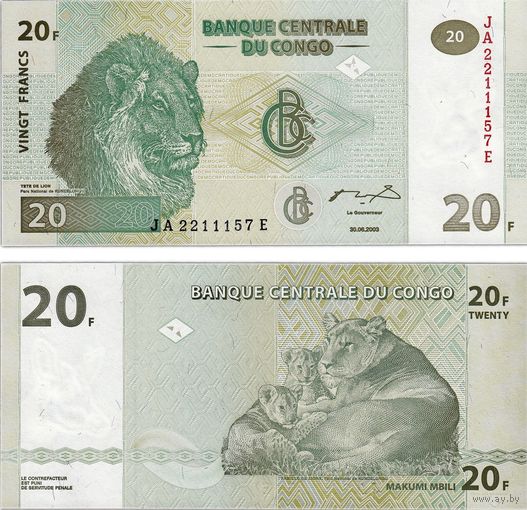 Конго 20 франков  2003 год  UNC
